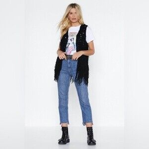 PPLA Clothing Black Boho Hippie Southwestern Flounder Fringe Crochet Vest Size M